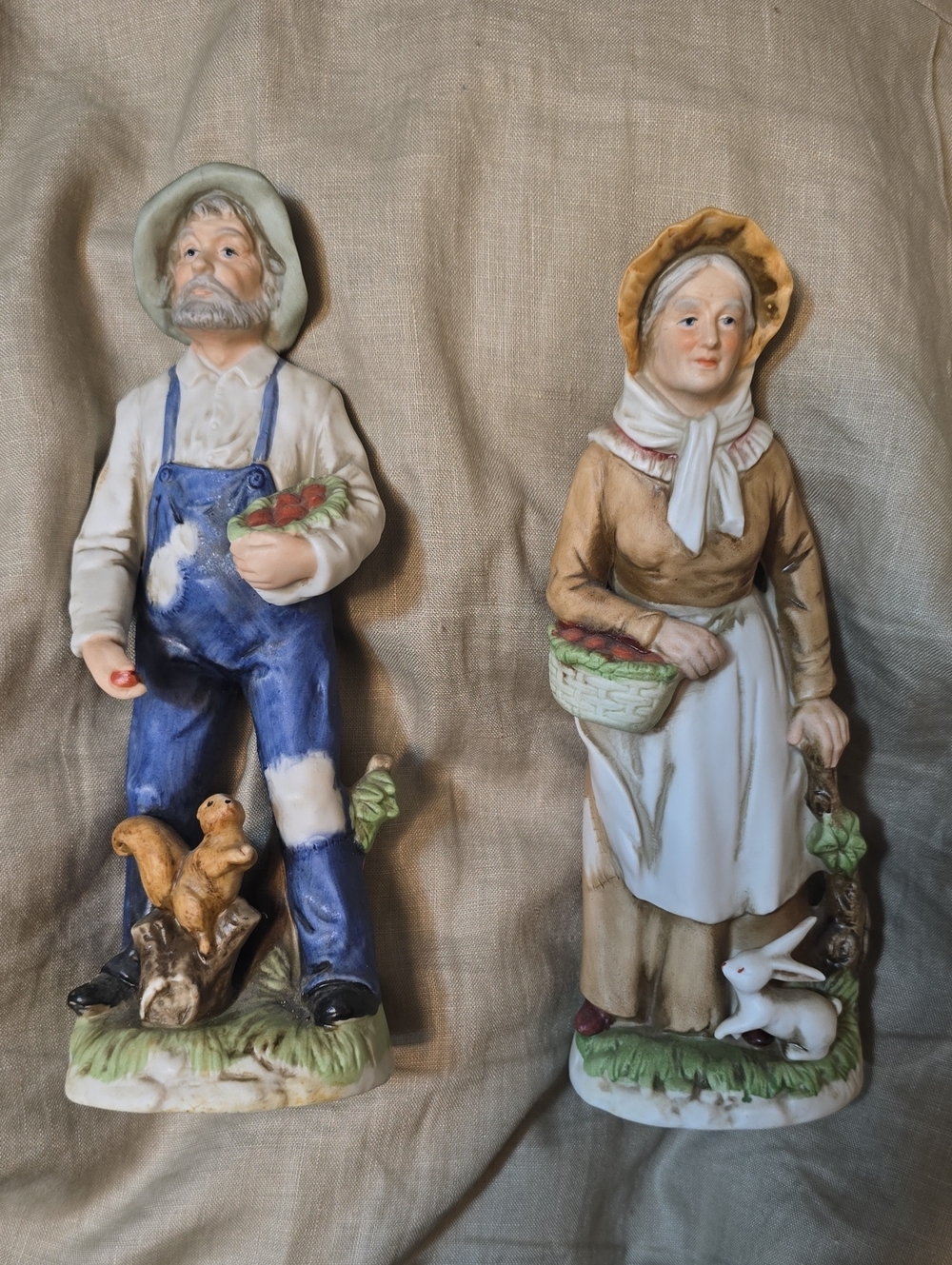 Hand-Painted Ceramic Farmer and Farmer's Wife Figurine Set - Blue & Tan